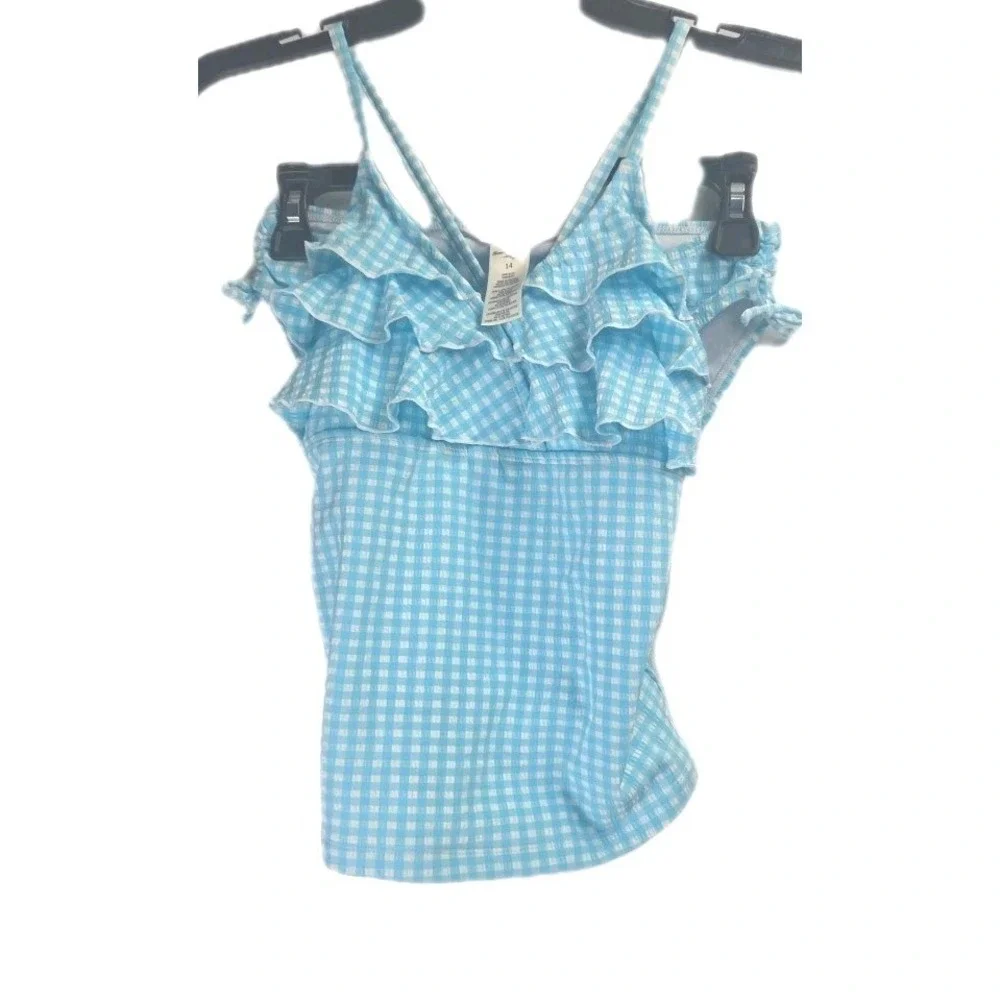 Tommy Bahama Kids Two Piece Swimsuit Gingham Sky Blue Size‎ 14 Ruffles & Ties